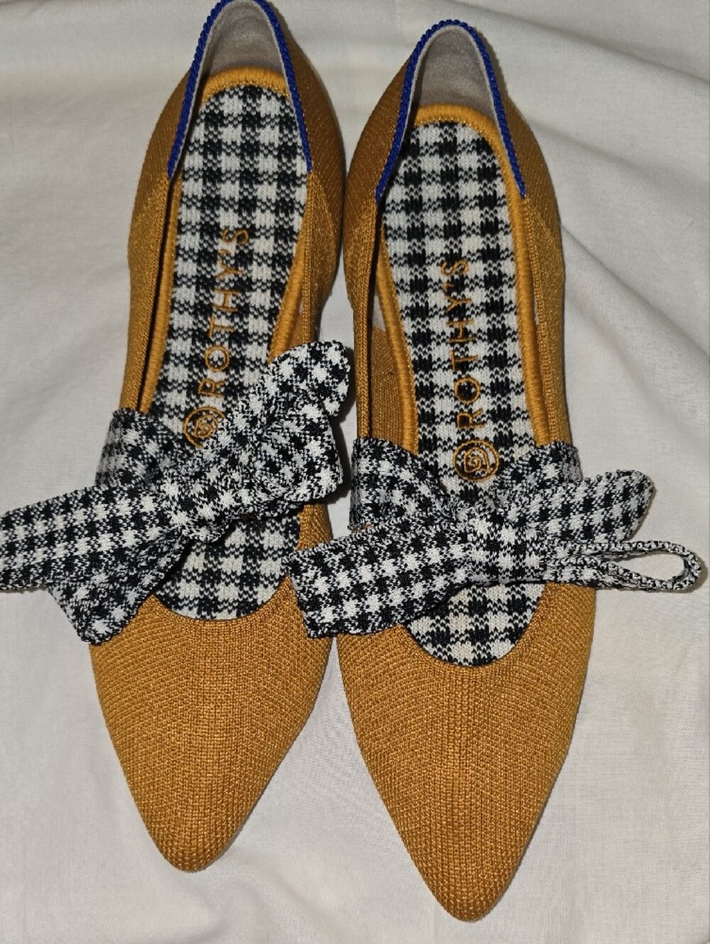 Women’s RothyMustard Yellow Pointed Toe Flats with Black & White Houndstooth Bow - Picture 2 of 6